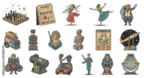 Vector Icons Set of Diverse Collection of Vintage Hobby and Leisure Icons. Vector Illustrations