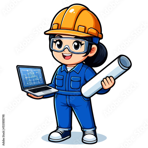 Female Engineer: Construction, Blueprint, and Laptop