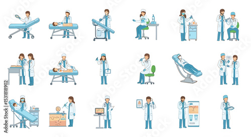 Vector Icons Set of Diverse Dermatology Clinic Illustrations Doctors and Patients in Various Procedures. Vector Illustrations