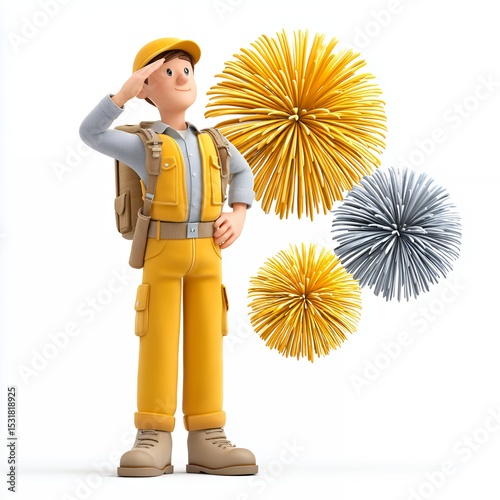 Cheerful 3D Rendered Cartoon Worker Saluting Near Gold and Silver Fireworks on White Background