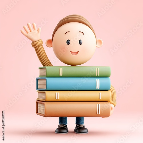 Cheerful Cartoon Boy Holding Colorful Books on Pink Background