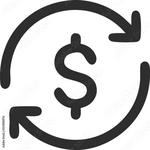 Icon Dollar sign with circular arrows symbolizing money flow and financial cycle in business and economy