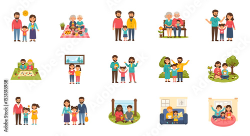 Vector Icons Set of Diverse Families in Various Activities A Collection of Cartoon Illustrations. Vector Illustrations