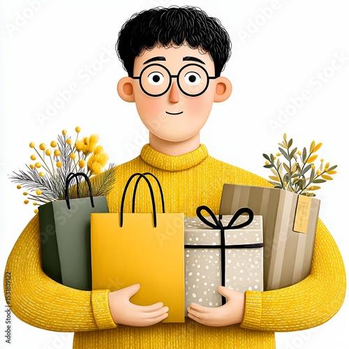 Cheerful Young Man Holding Shopping Bags and Gifts with Yellow Flowers