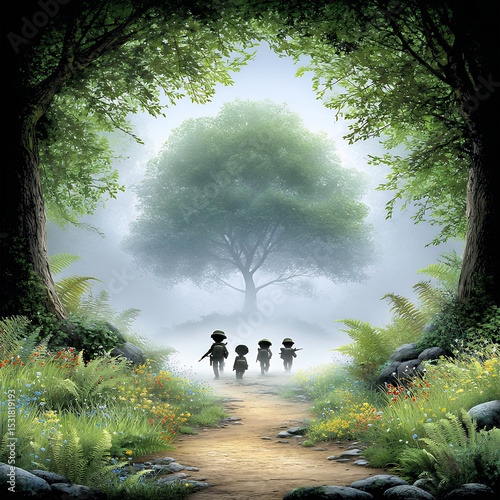Children Walking Path Towards Misty Forest Tree