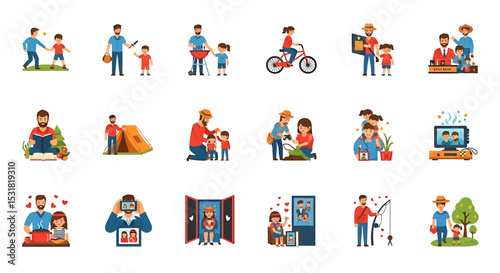 Vector Icons Set of Diverse FatherChild Activities Depicted in Colorful Flat Vector Illustrations. Vector Illustrations
