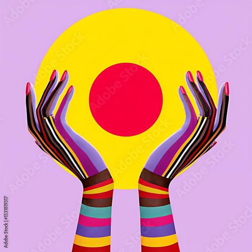 Colorful Hands Holding Bright Circle Abstract Collage
