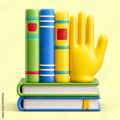 Colorful Books and Playful Yellow Hand on Pale Yellow Background