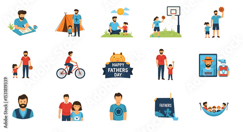 Vector Icons Set of Diverse Fatherhood Moments Fathers and Children Engaging in Various Activities. Vector Illustrations