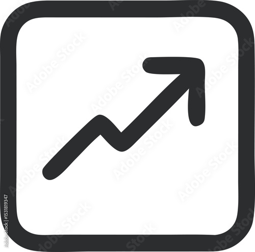 Icon Upward trending arrow in a square frame indicating growth and positive progress in a hand drawn style graphic
