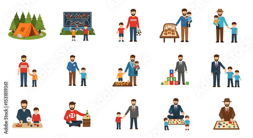 Vector Icons Set of Diverse fatherson activities Camping coding sports baking building and board games. Vector Illustrations