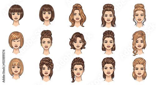 Vector Icons Set of Diverse Female Hairstyles Illustrated in a Collection of Portraits. Vector Illustrations