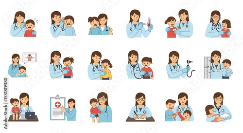 Vector Icons Set of Diverse Female Pediatricians Examining and Comforting Young Children. Vector Illustrations