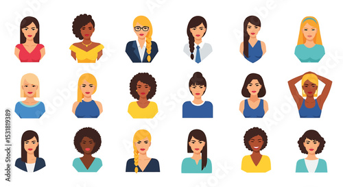 Vector Icons Set of Diverse Female Portraits in Various Styles and Attire. Vector Illustrations