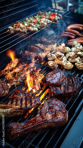Ribeye Steaks, Sausages, Skewers, Shrimps and Mushrooms on Hot BBQ Grill with Flames