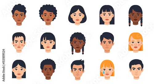 Vector Icons Set of Diverse FlatStyle Portraits Displaying Varied Emotions. Vector Illustrations