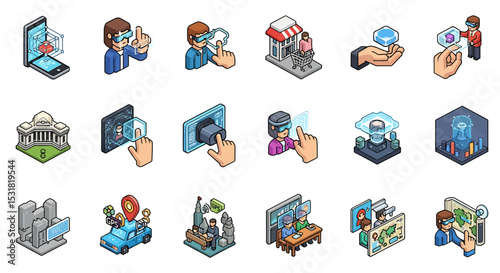 Vector Icons Set of Diverse Futuristic Interactions with Virtual Reality. Vector Illustrations