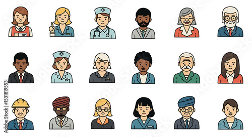 Vector Icons Set of Diverse group of cartoon people icons representing various professions and demographics. Vector Illustrations