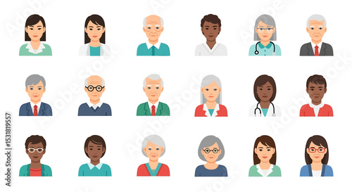 Vector Icons Set of Diverse group of cartoon people avatars including doctors professionals and elderly individuals. Vector Illustrations