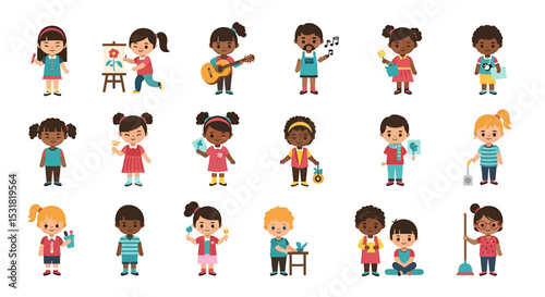 Vector Icons Set of Diverse group of cartoon children engaged in various activities and hobbies. Vector Illustrations