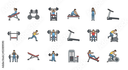Vector Icons Set of Diverse gym equipment and fitness activities depicted in colorful vector icons. Vector Illustrations