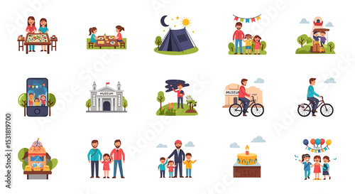 Vector Icons Set of Diverse Illustrations of Family Activities Leisure and Celebrations in Vector Style. Vector Illustrations