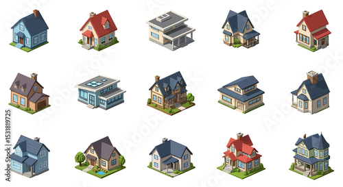 Vector Icons Set of Diverse Isometric House Illustrations Depicting Various Architectural Styles and Designs. Vector Illustrations