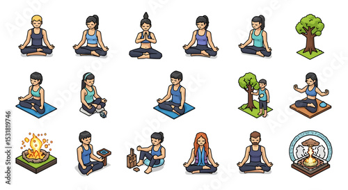 Vector Icons Set of Diverse Isometric Illustrations of People Meditating in Varied Settings. Vector Illustrations