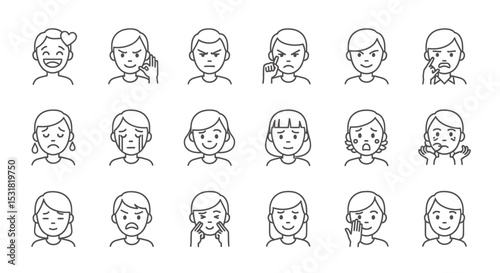 Vector Icons Set of Diverse line art faces expressing various emotions and feelings in a graphic representation. Vector Illustrations