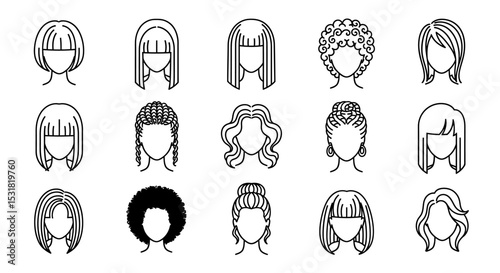 Vector Icons Set of Diverse Line Art Hairstyles Representing Various Haircuts and Hair Textures. Vector Illustrations