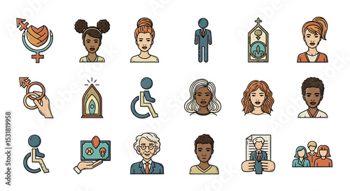 Vector Icons Set of Diverse People Icons Gender Religion and Disability Symbols. Vector Illustrations
