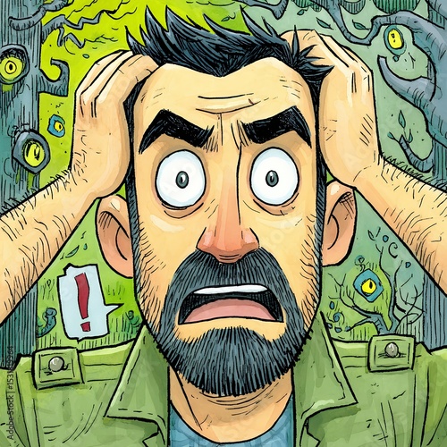 Distressed Man in Surreal Green Foliage Illustration