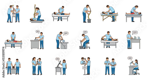 Vector Icons Set of Diverse Physiotherapy Techniques Illustrated Spinal Alignment Manual Therapy and Diagnostic Assessments. Vector Illustrations