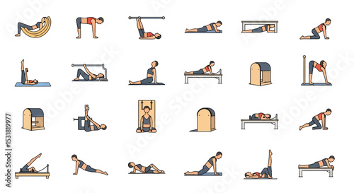 Vector Icons Set of Diverse Pilates Exercises Women Demonstrating Various Poses and Equipment Use. Vector Illustrations