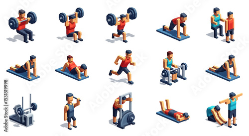 Vector Icons Set of Diverse Pixelated Fitness Exercises for Men. Vector Illustrations