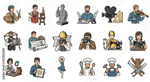 Vector Icons Set of Diverse professions Artists sculptor writer filmmaker musician architect photographer tailor potter chef carpenter. Vector Illustrations