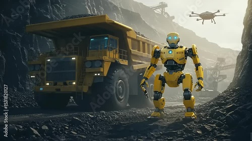 Yellow robot in a quarry with a mining truck.