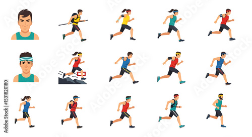 Vector Icons Set of Diverse Runners in Activewear Displaying Various Running Styles and Gear. Vector Illustrations