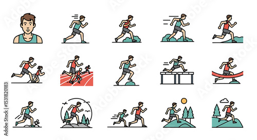 Vector Icons Set of Diverse Running Athletes in Various Sporting Events. Vector Illustrations