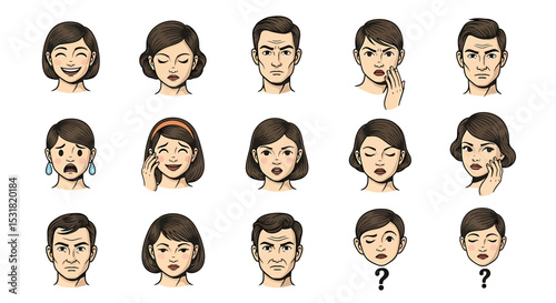 Vector Icons Set of Diverse Set of RetroStyle Human Faces Displaying Varied Emotions. Vector Illustrations