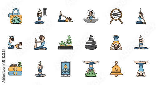 Vector Icons Set of Diverse Yoga Poses and Wellness Symbols Collection. Vector Illustrations