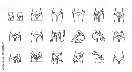 Vector Icons Set of Female Body Contouring Procedures Illustrated. Vector Illustrations