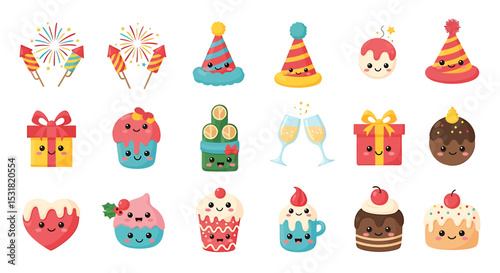 Vector Icons Set of Festive Kawaii Celebration Fireworks Party Hats Gifts and Sweet Treats. Vector Illustrations