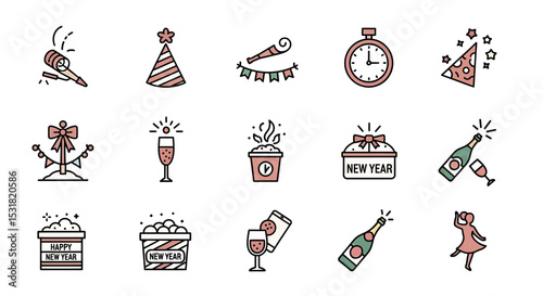 Vector Icons Set of Festive New Year Icons Depicting Celebration Joy and Countdown Moments. Vector Illustrations
