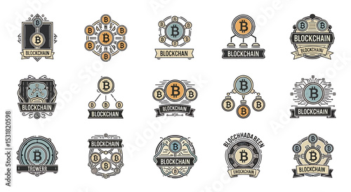 Vector Icons Set of Fifteen Blockchain and Cryptocurrency Logos with Bitcoin Symbol Variations. Vector Illustrations
