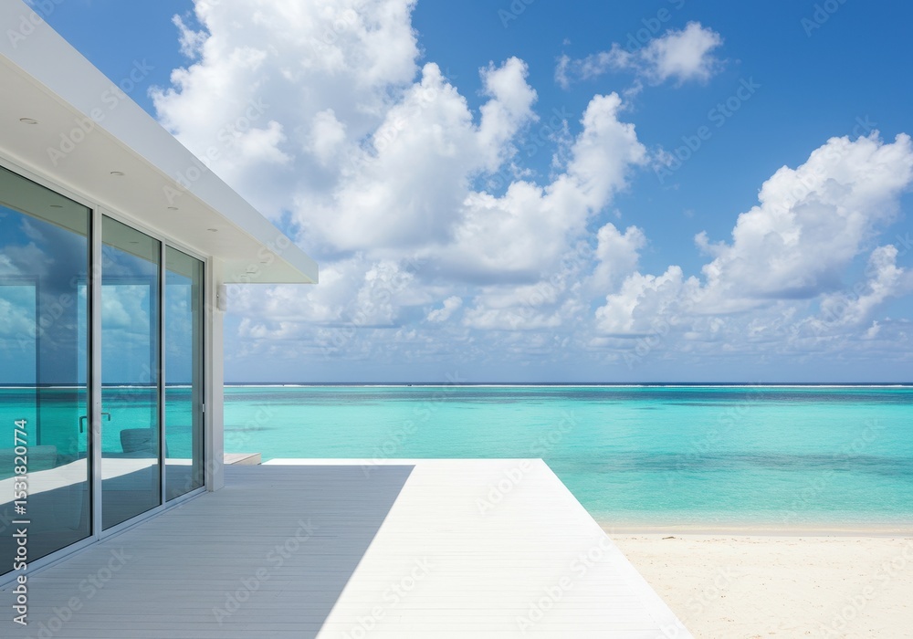 Fototapeta premium A modern white house with large glass windows overlooks a pristine turquoise ocean and sandy beach