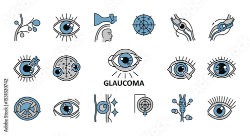 Vector Icons Set of Glaucoma Eye Conditions Illustrated Diagrams. Vector Illustrations