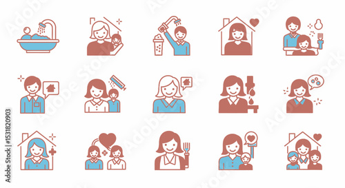 Vector Icons Set of Illustrated Icons Depicting Family Life Daily Activities and Home Comforts. Vector Illustrations