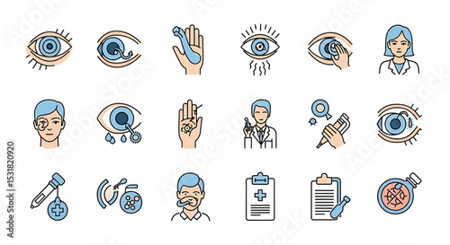 Vector Icons Set of Illustrated Icons Depicting Various Aspects of Eye Care and Treatment. Vector Illustrations