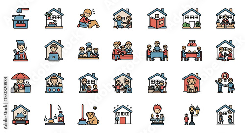 Vector Icons Set of Illustrated Icons Depicting Daily Life Activities and Domestic Scenes. Vector Illustrations
